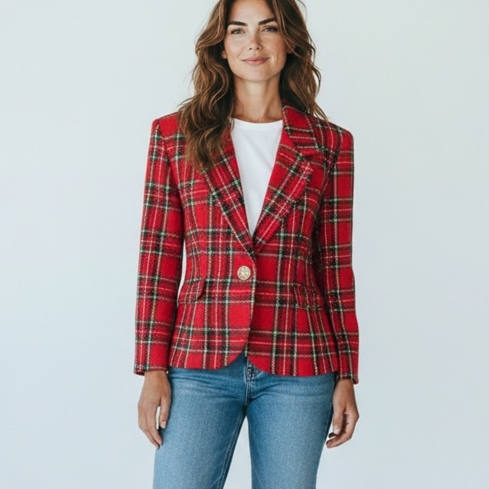 TR Bentley Womens Red Plaid Vintage Tweed Blazer Jacket 12